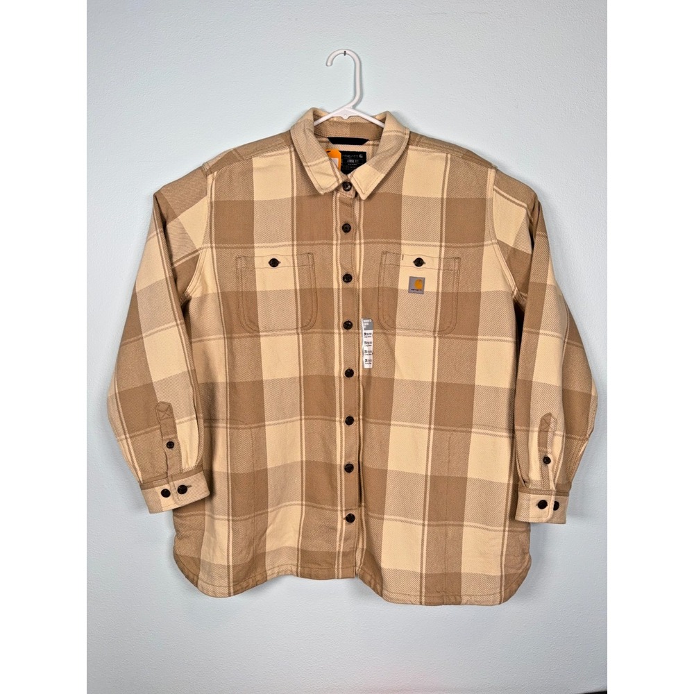 Carhartt Women's Loose Fit Twill Shirt Jacket Shacket Plaid Khaki 2XL (20W-22W)